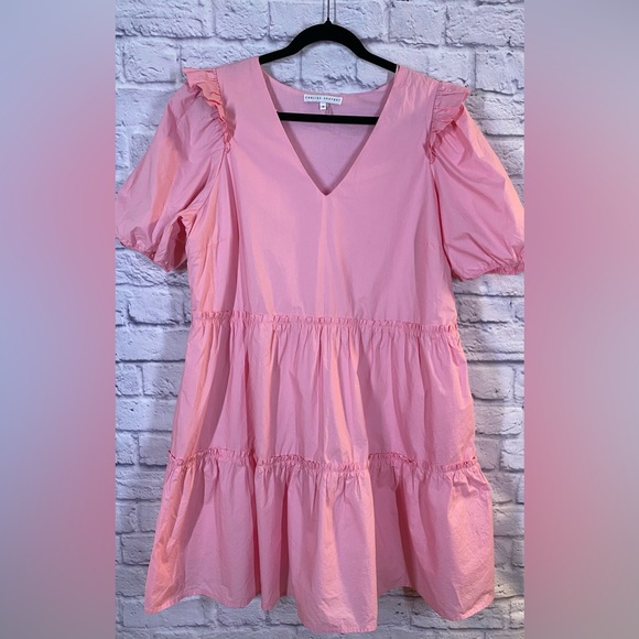 English Factory Ruffle Puff Sleeve Pink Tiered Mini Dress Plus Size 1X - Picture 2 of 8